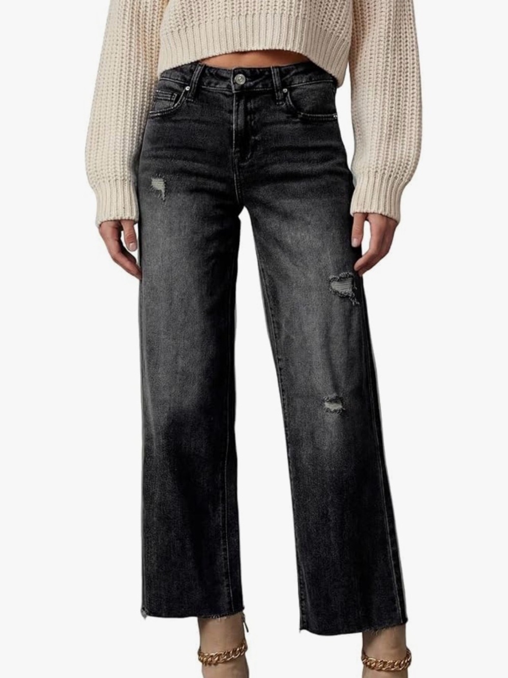High-Rise Black Wide-Leg Distressed Jeans
